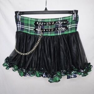 Womens Fantasy Lingerie Green Plaid Chain Buckle Grunge School Girl Skirt M L